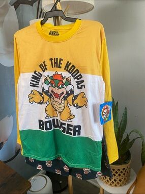 Super Mario Bowser Colorblock Kids Long-Sleeve Pajama Top - Yellow/White/Green